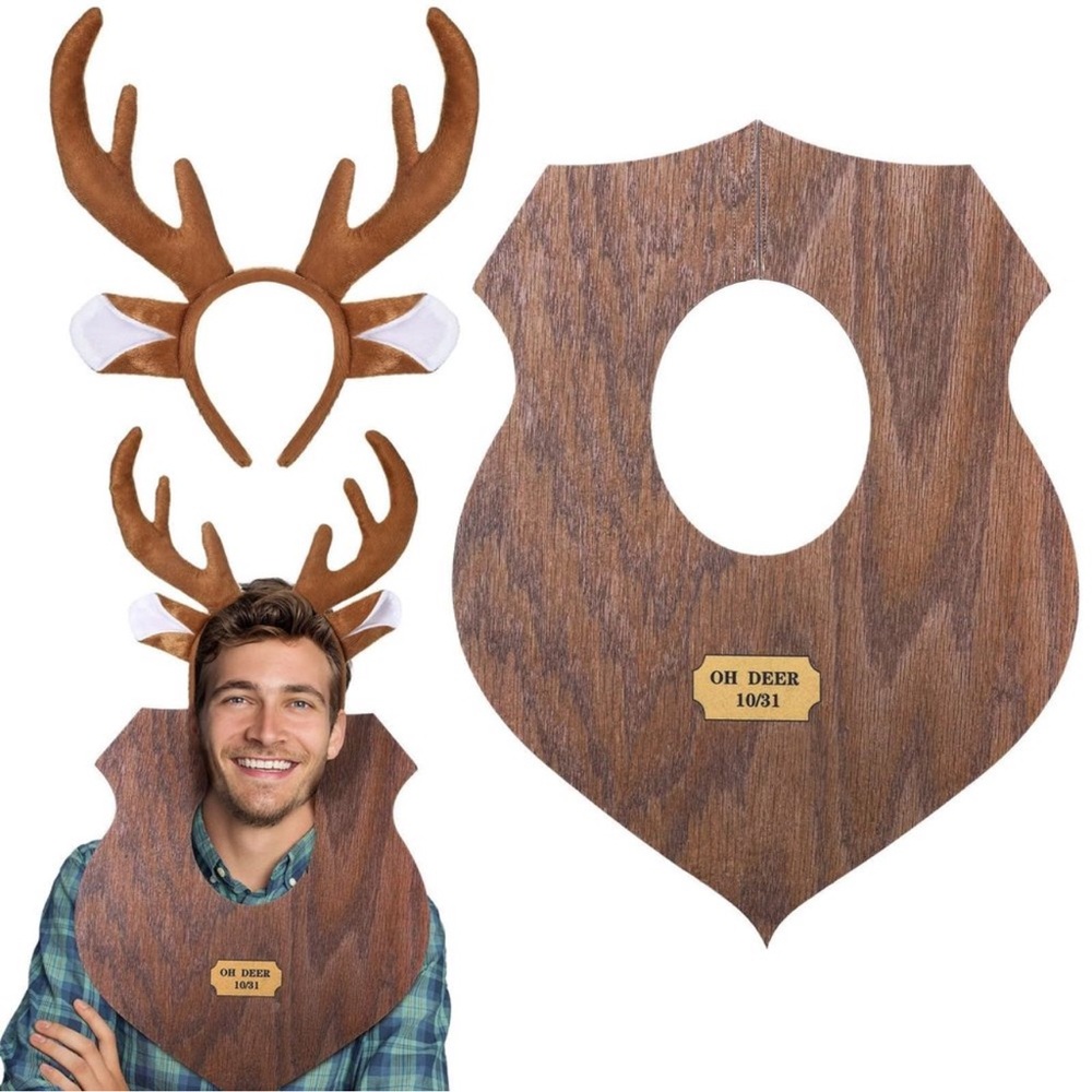 2 Pcs Halloween Trophy Head Deer Costume Mask Moose Hat Antlers Headband🙊